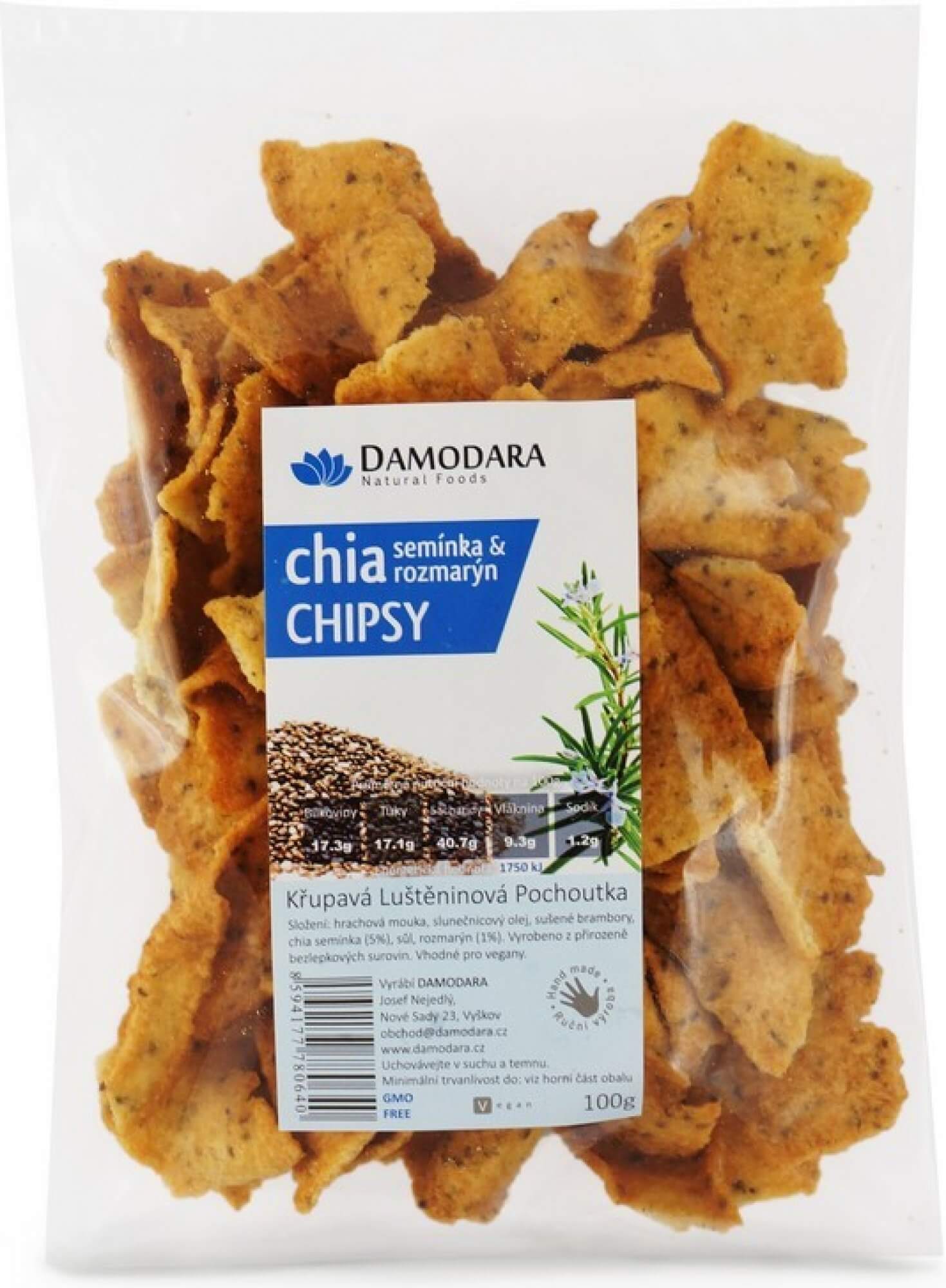 Damodara Chia semínka a rozmarýn chipsy 100g