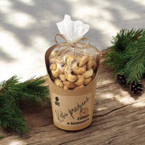 Kešu ořechy s česnekem a rozmarýnem v celofánku a kelímku 180g