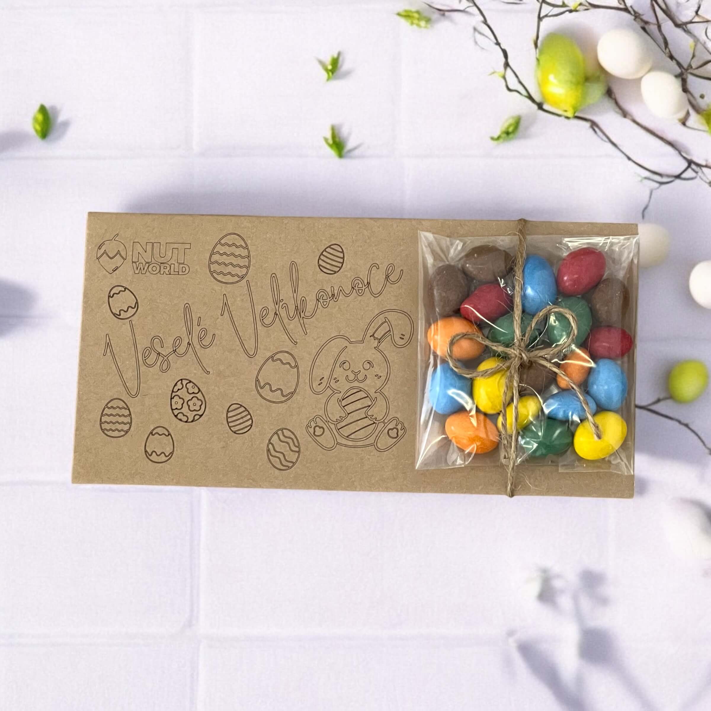 Dárková kazetka -Veselé Velikonoce - Arašídy v barevné čokoládě 50g